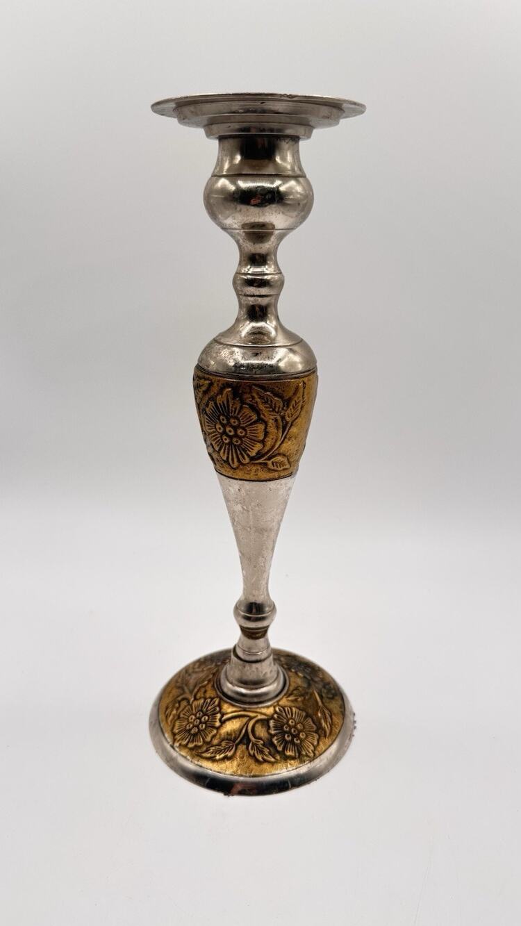 Vintage Solid Brass Candlestick Holder Silver Tone Satin Nickel Finish 13”